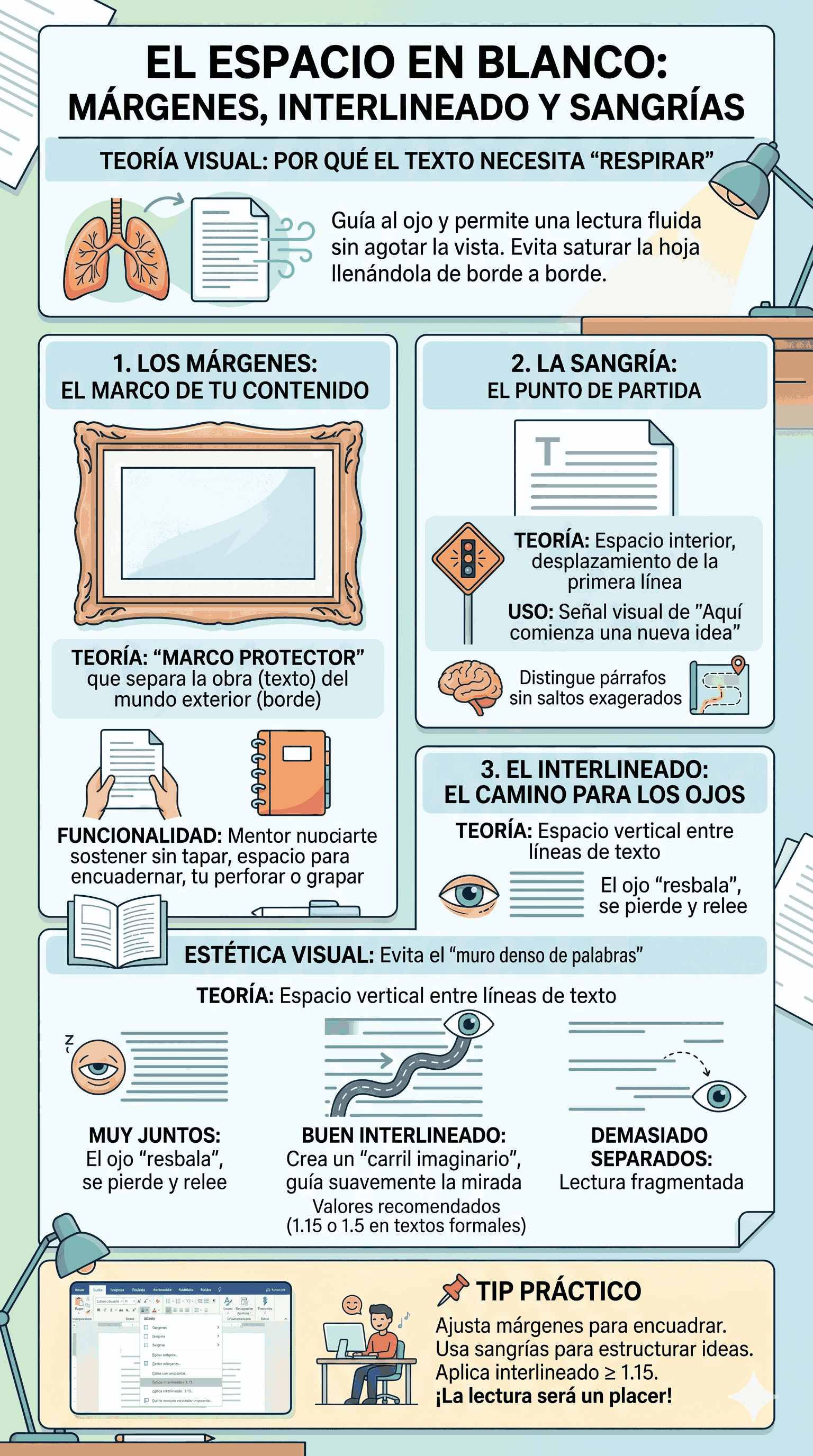 Ejemplo visual de márgenes, sangrías e interlineado
