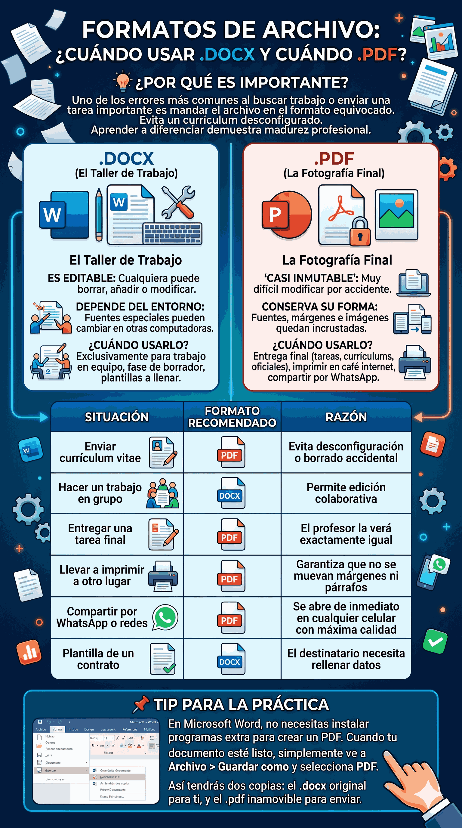 Comparativa visual entre el formato DOCX y el formato PDF