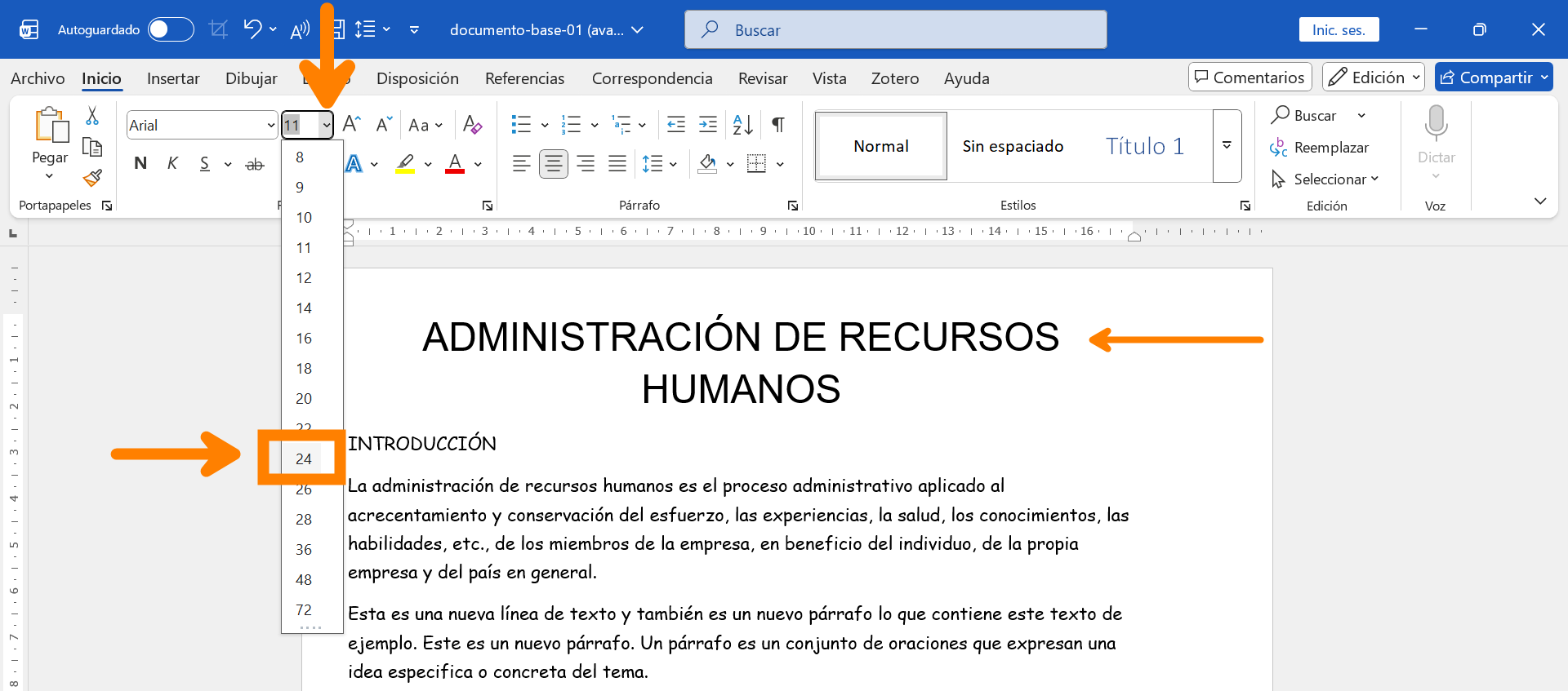 Cambiar tamaño de fuente