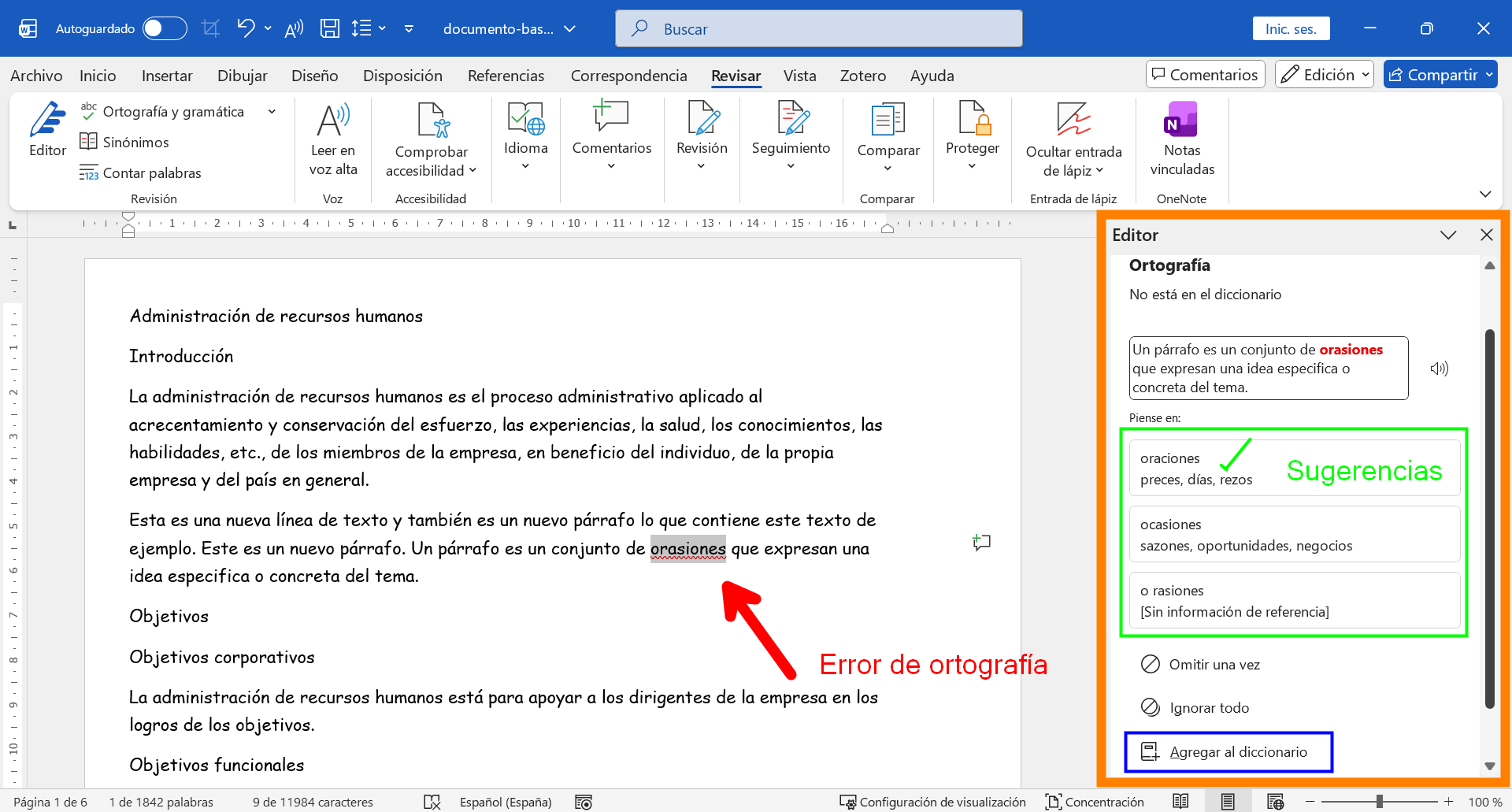 Opciones del panel de revisión