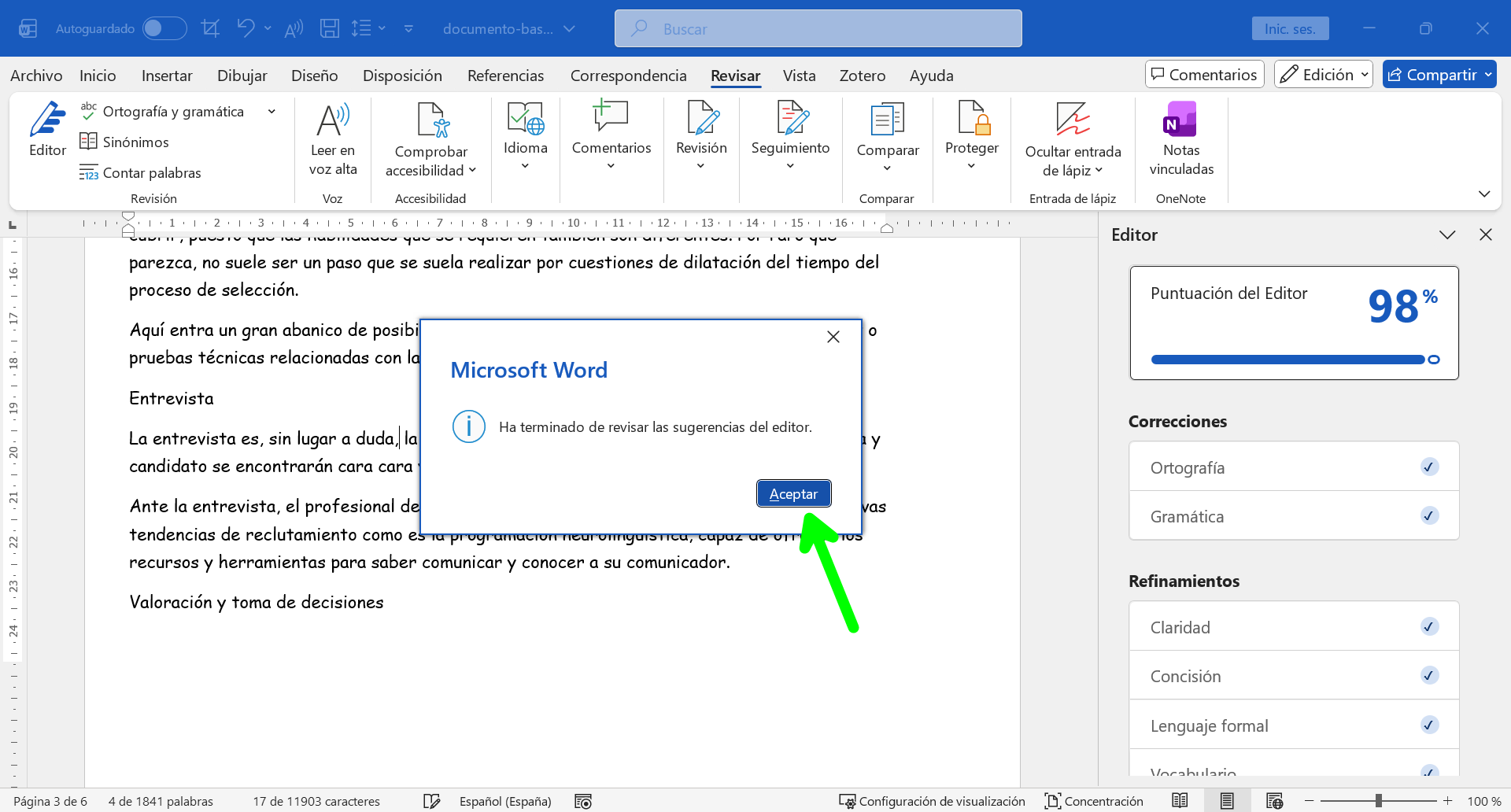 Mensaje de fin de revisión
