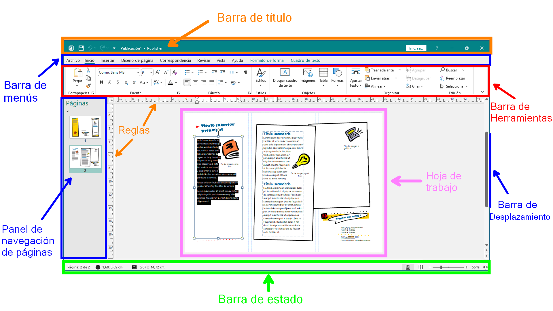 Partes de la ventana de Publisher