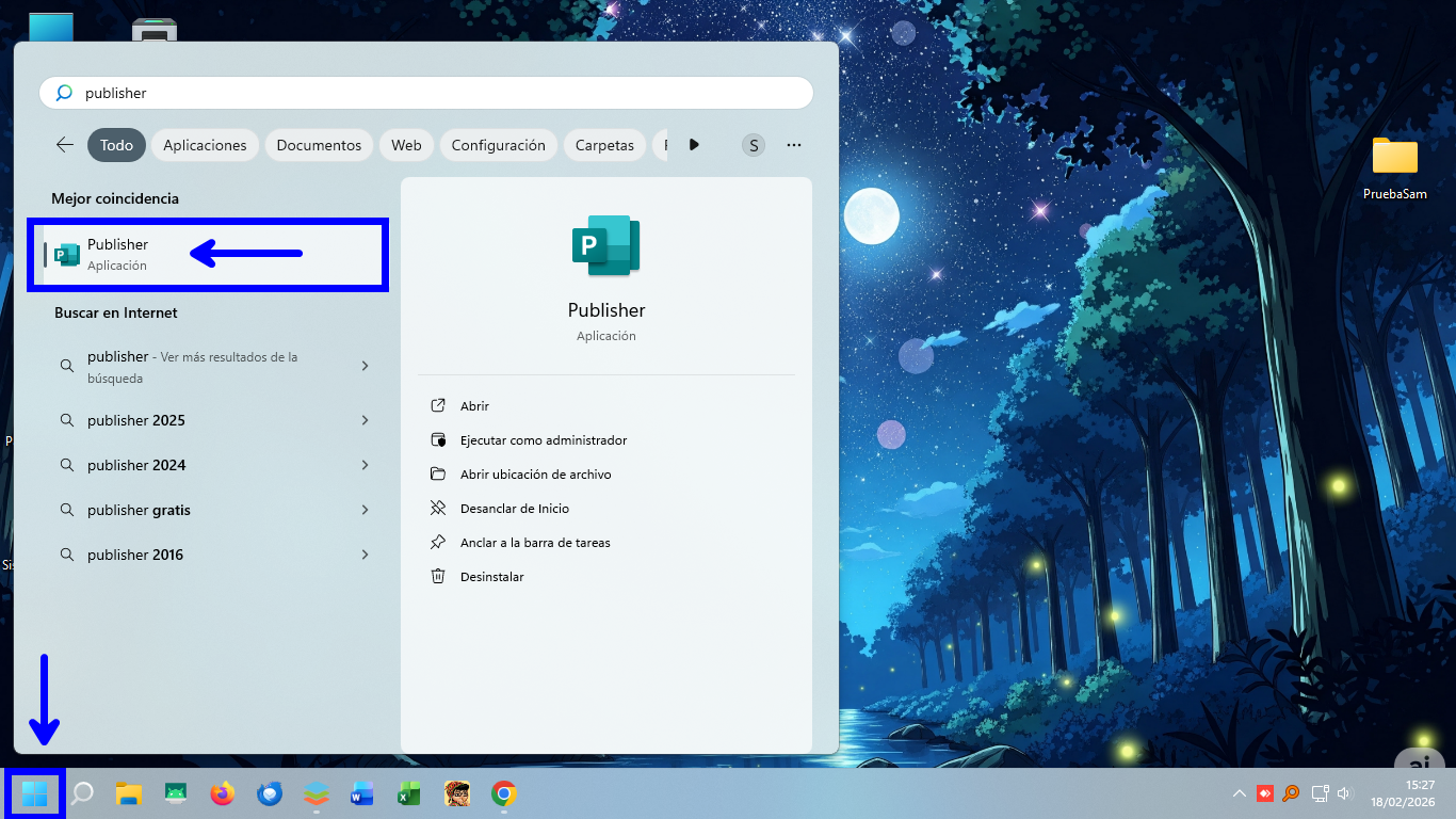 Pantalla de inicio de Publisher