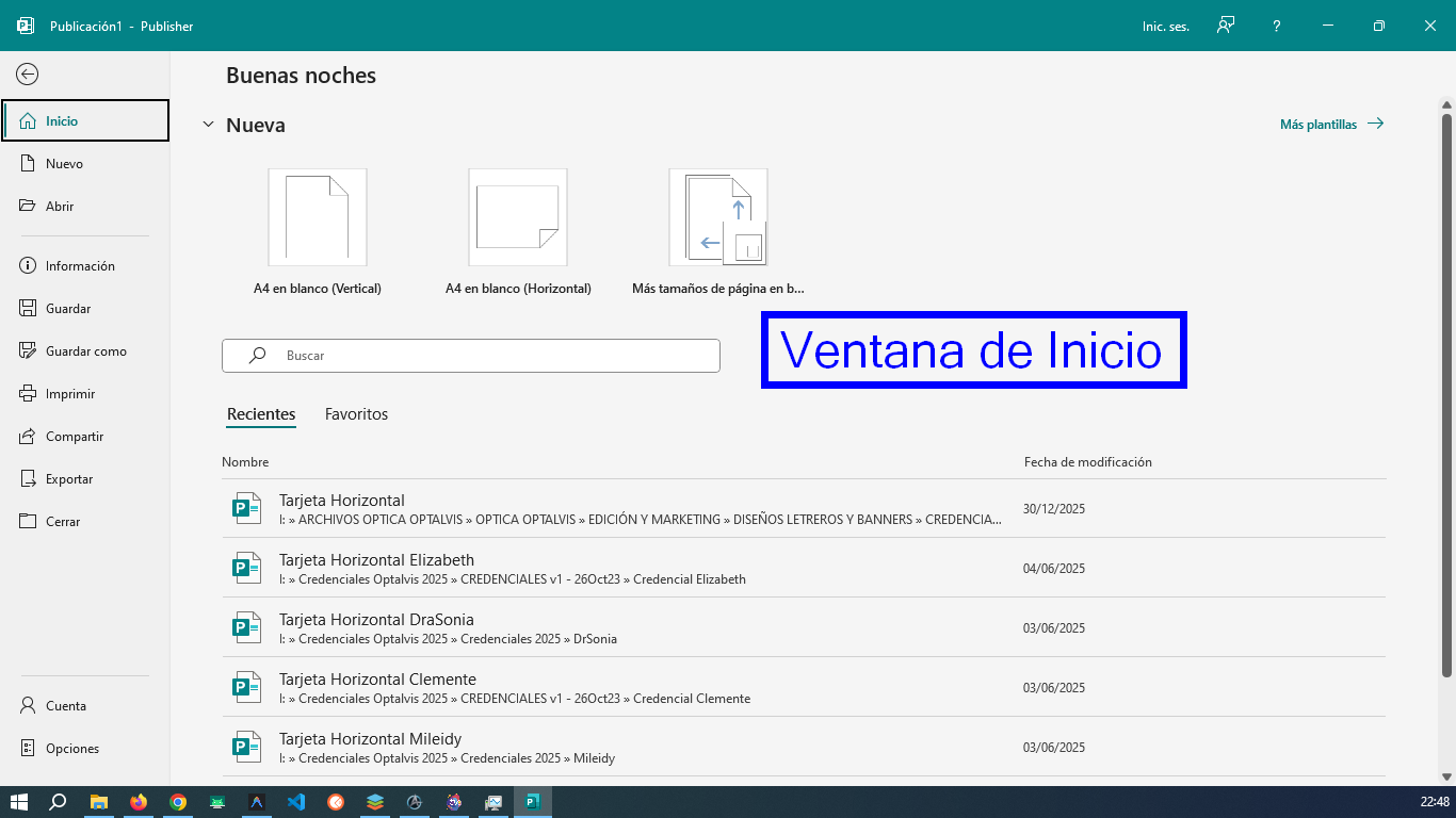 Ventana de Inicio de Publisher