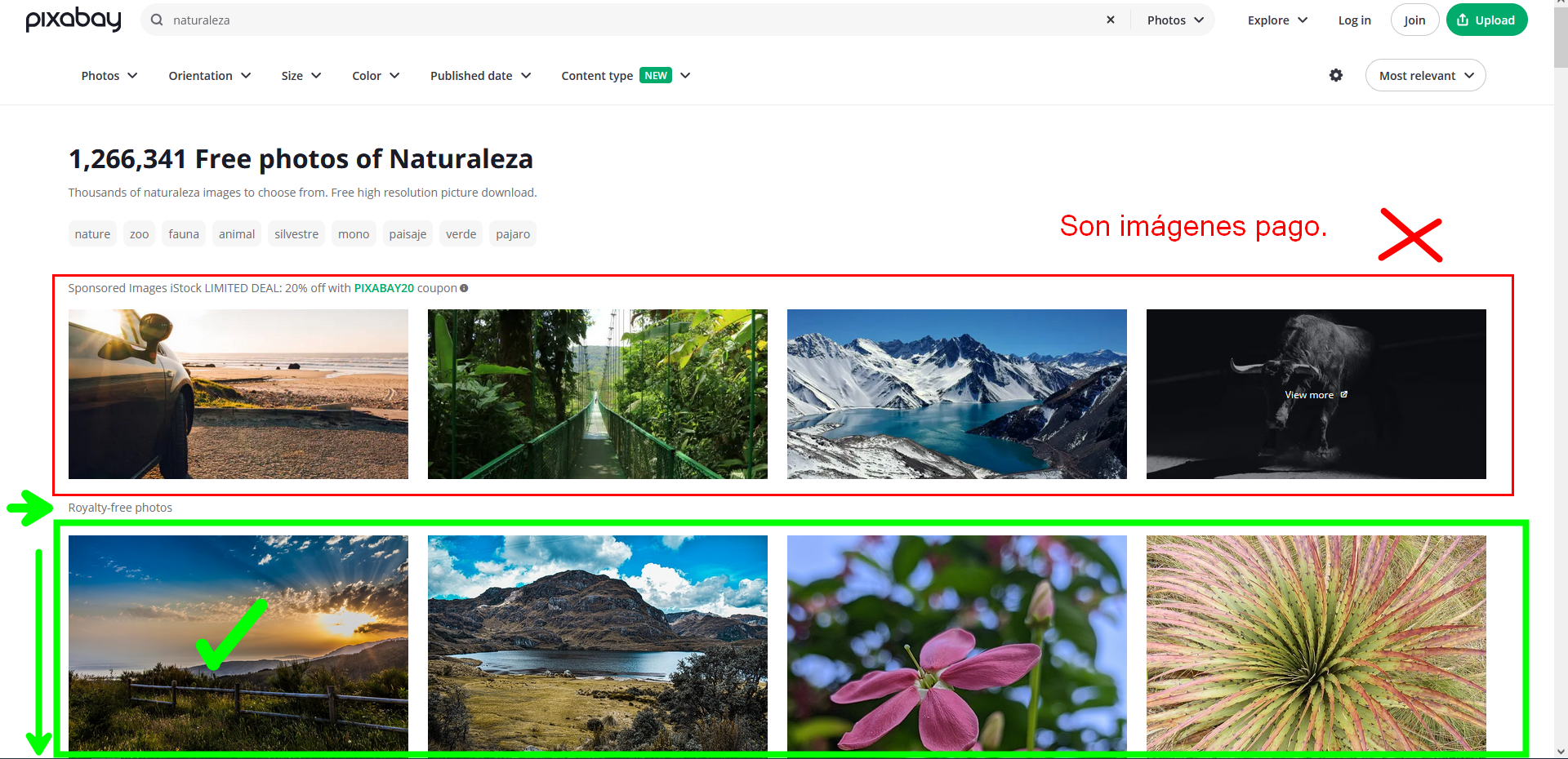 Elegir imágenes gratis de los resultados